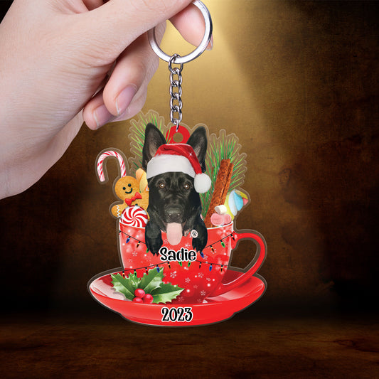 Custom Dog Acrylic Christmas Keychain, Personalized Black German Shepherd In Red Cup Acrylic Keychain for Dog Lover, Christmas, New Year