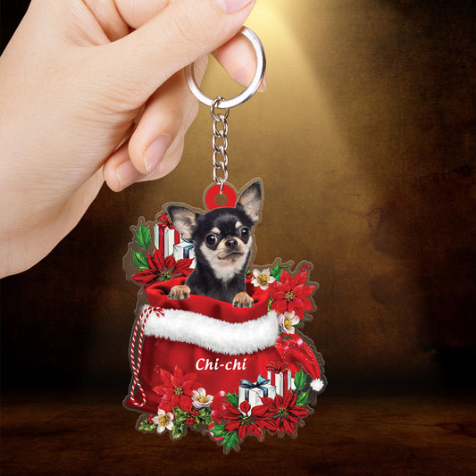 Chihuahua In Gift Flowers Bag Christmas Acrylic Keychain - Christmas Gift For Chihuahua Lovers, Dog Lovers