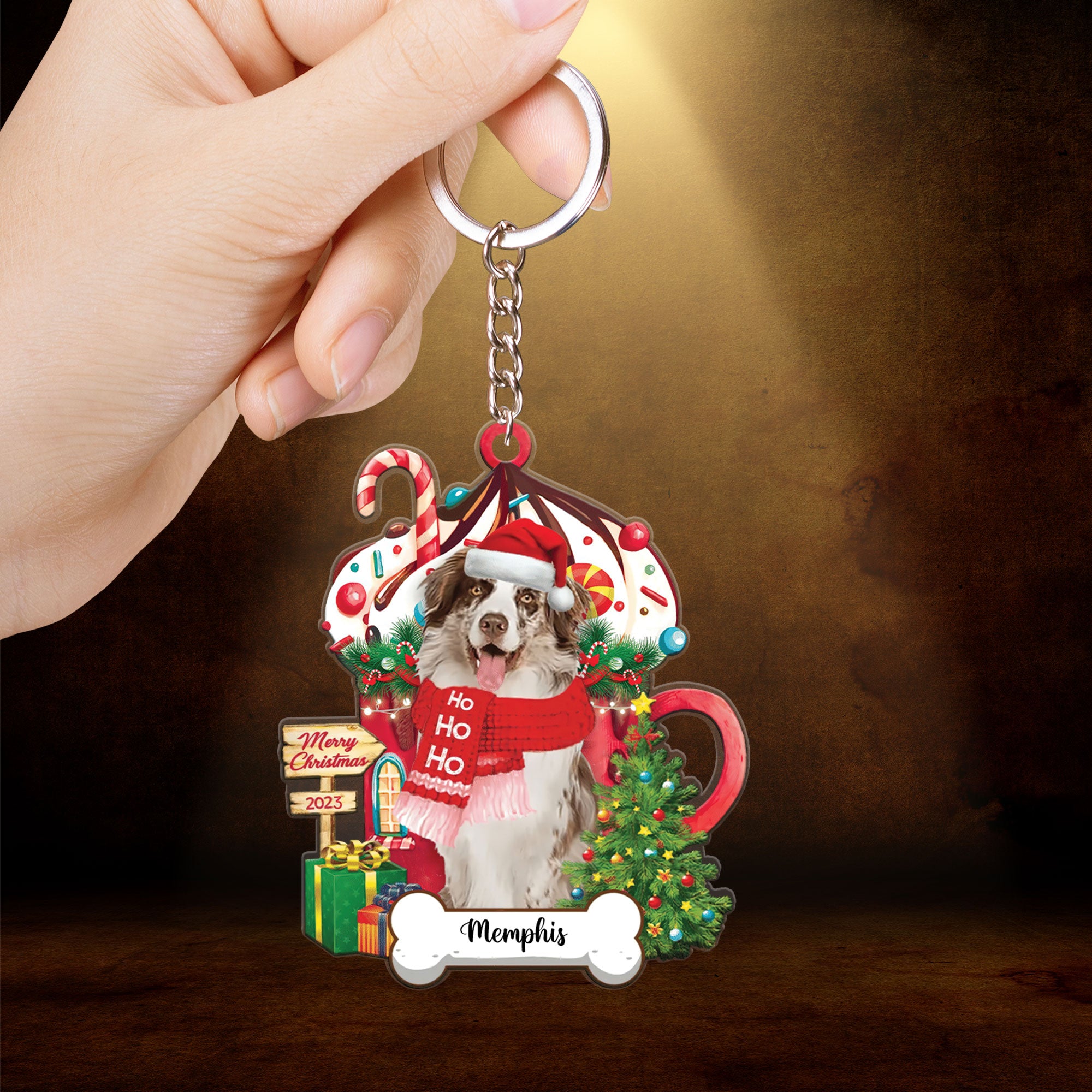 Australian Shepherd Hohoho Christmas 2023 Keychain Custom Name, Custom Shape Acrylic Keychain for Christmas, Dog Lovers, Dog Mom