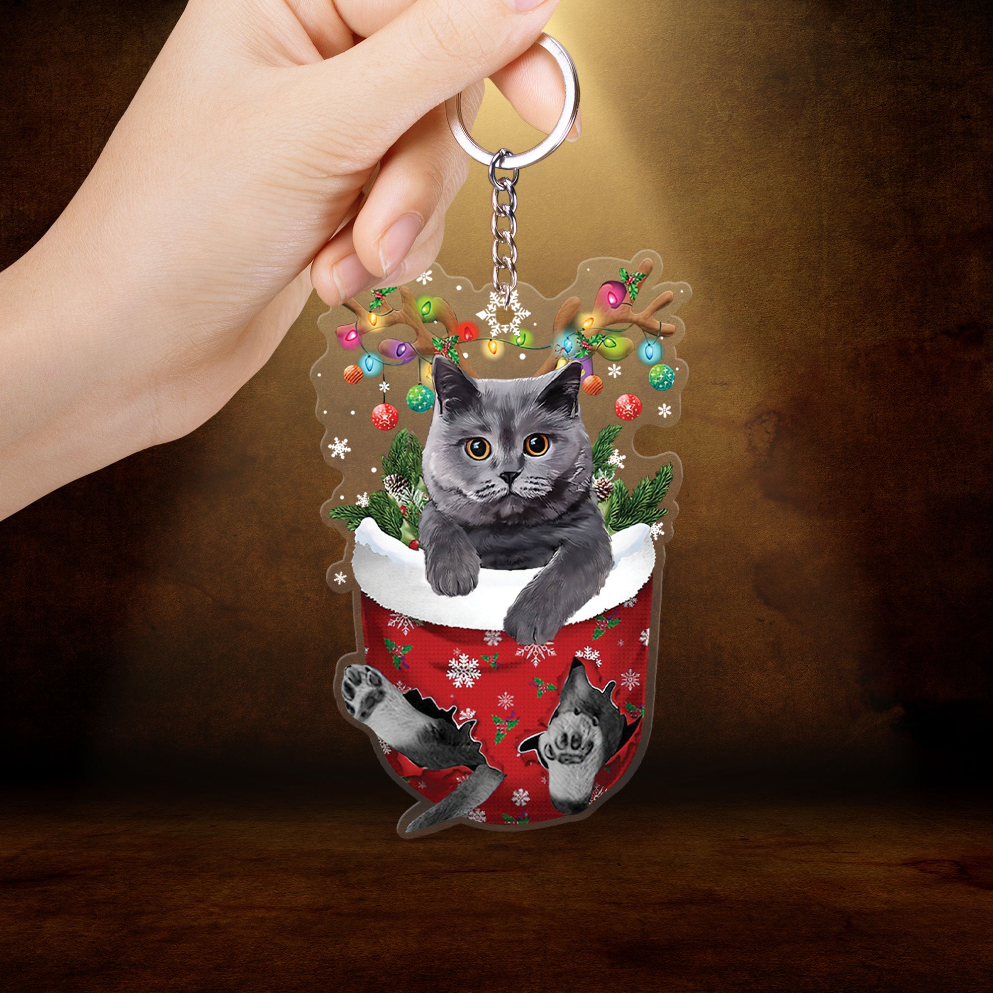 British Grey Cat In Snow Pocket Christmas Acrylic Keychain Flat Cat Keychain - Best Gift For Cat Lovers