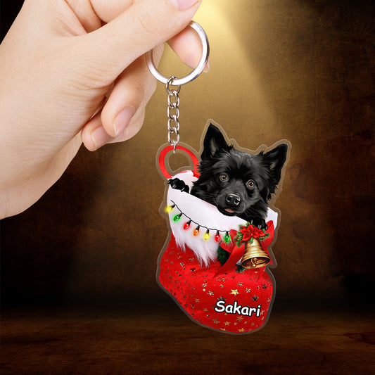 Custom Dog Acrylic Christmas Keychain, Personalized Schipperke In Stocking Christmas Acrylic Keychain for Dog Lover, New Year