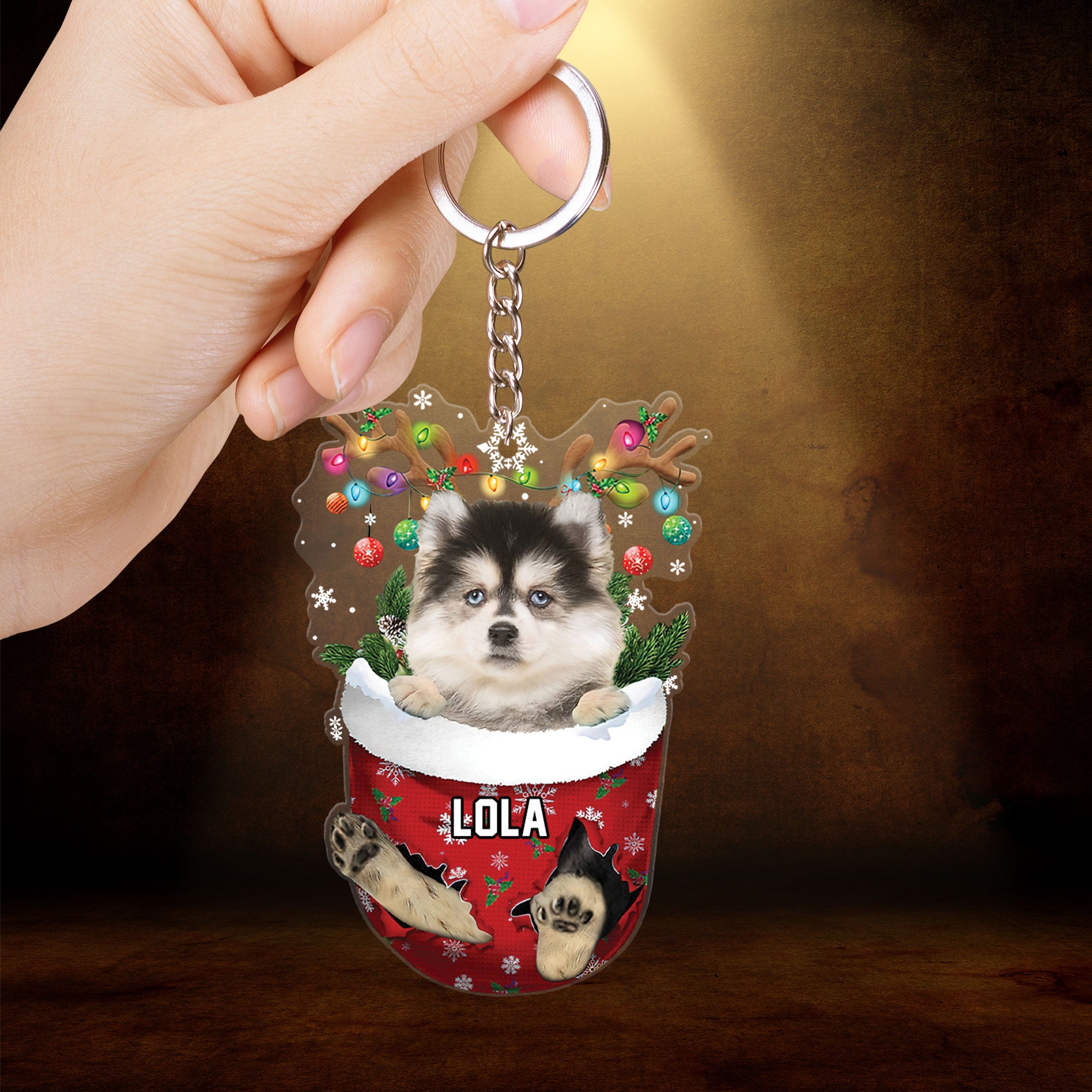 Pomsky In Snow Pocket Christmas Acrylic Keychain - Christmas Gift For Pomsky Lovers, Dog Lovers