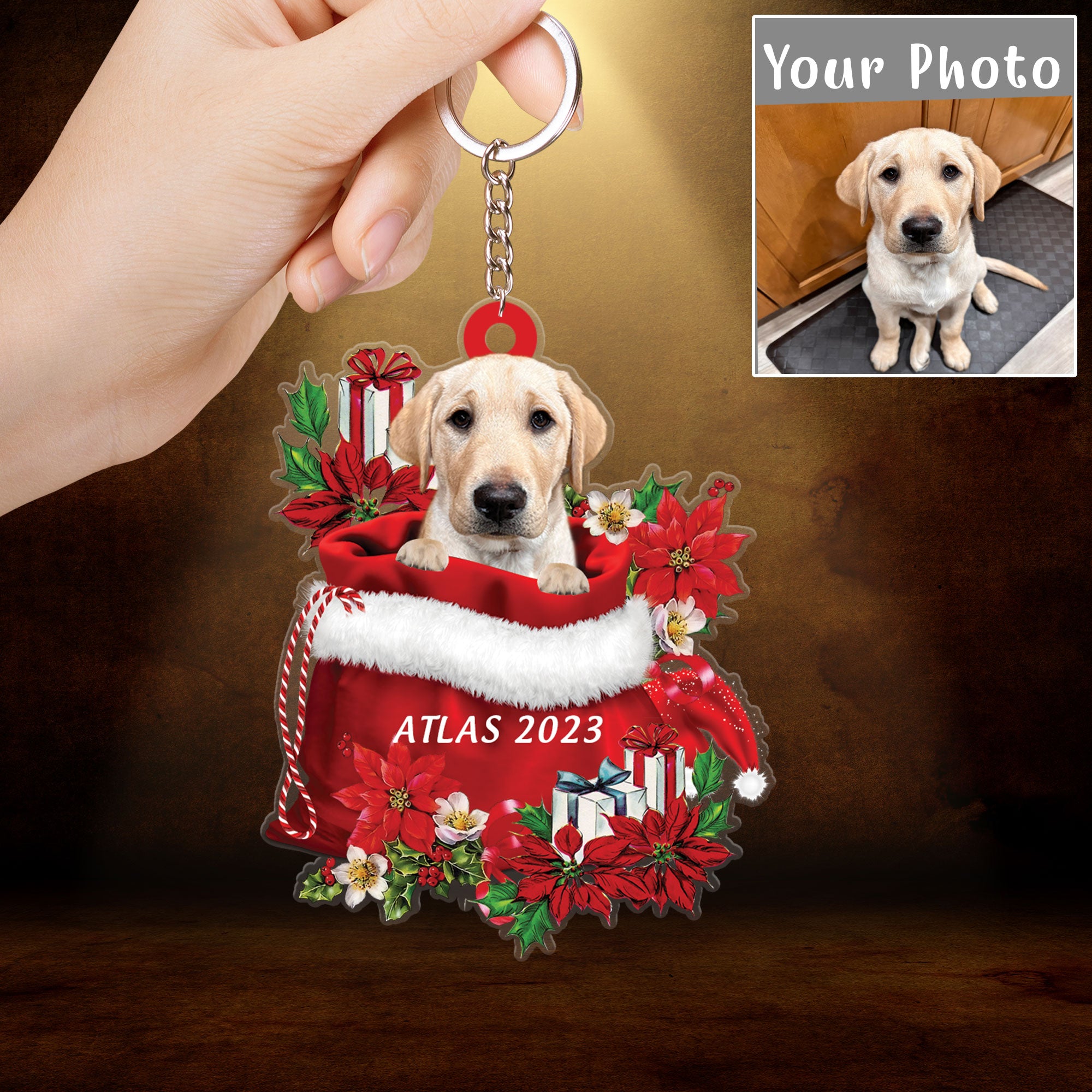 Personalized Name Yellow Labrador In Red Gift Bag Christmas Acrylic Keychain, Customized Christmas Gift For Dog Lovers, Dog Mom