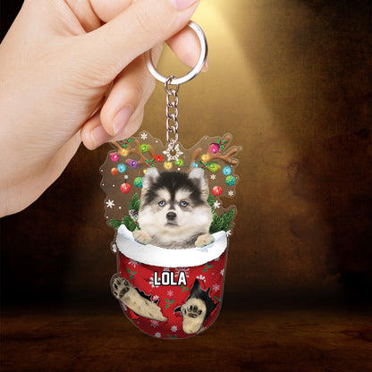 Pomsky In Snow Pocket Christmas Acrylic Keychain - Christmas Gift For Pomsky Lovers, Dog Lovers