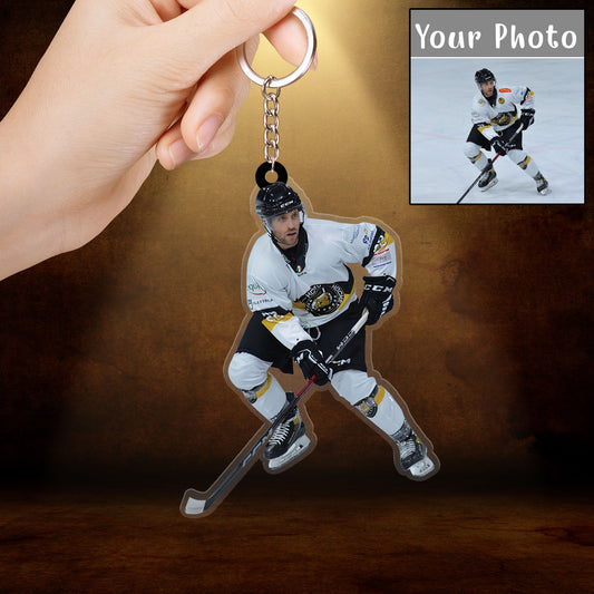 Custom Photo Ice Hockey Players Christmas Keychain For Men, Dad Hockey Acrylic Keychain