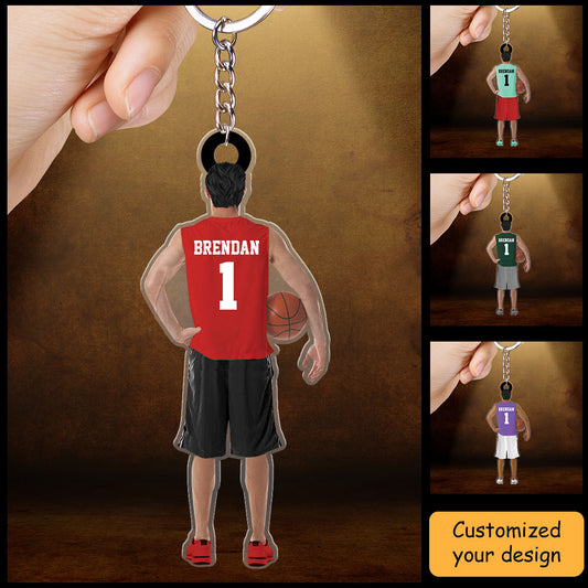 Personalized Basketball Man, Basketball Boy Holding Christmas Acrylic Keychain, Basketball Team Gift For Basketball Lovers