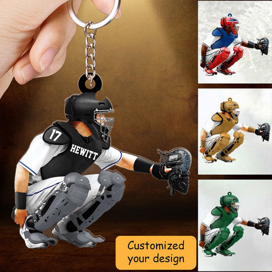 Custom Baseball Acrylic Keychain, Personalized Baseball Men Catcher Acrylic Keychain For Baseball Team, Christmas, New Year