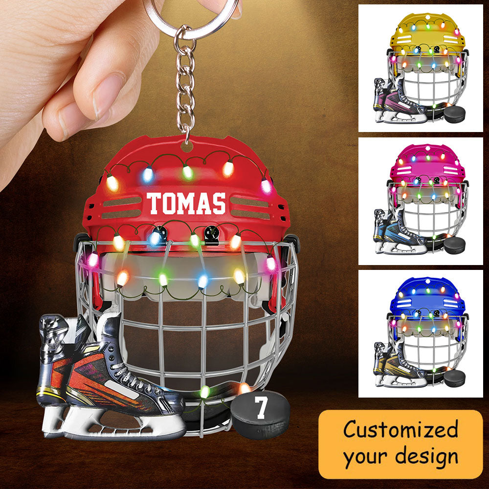 Customized Ice Hockey Helmet Shoes Acrylic Christmas Keychain, Hockey Team Acrylic Keychain Hanging Tree - Gift For Hockey Lovers, Hockey Players