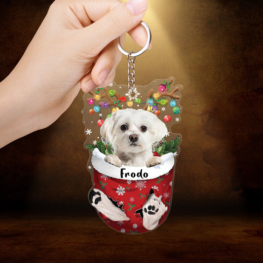 White Maltese In Snow Pocket Christmas Acrylic Keychain - Christmas Gift For White Maltese Lovers, Dog Lovers