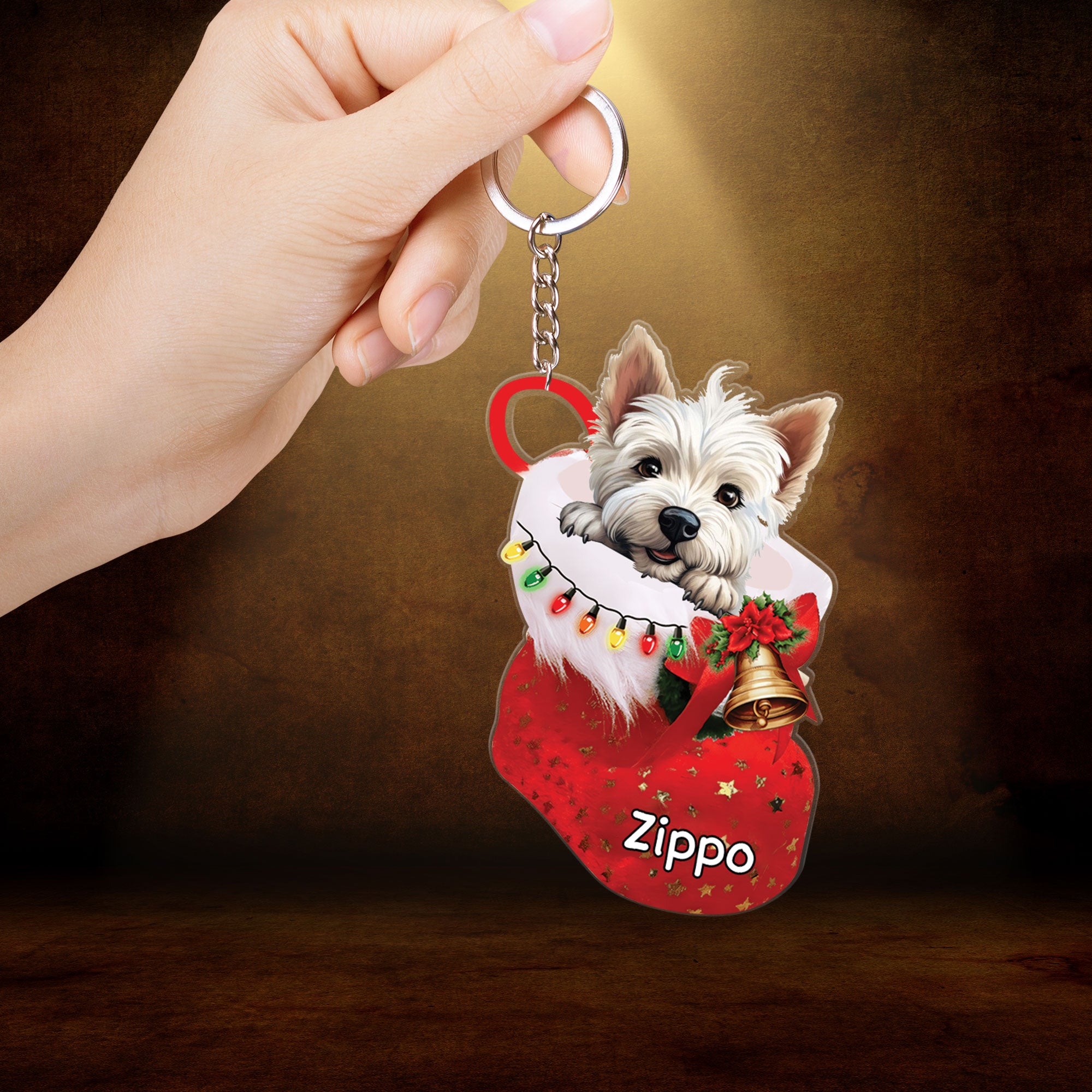 Custom Dog Acrylic Christmas Keychain, Personalized West Highland White Terrier In Stocking Christmas Acrylic Keychain for Dog Lover