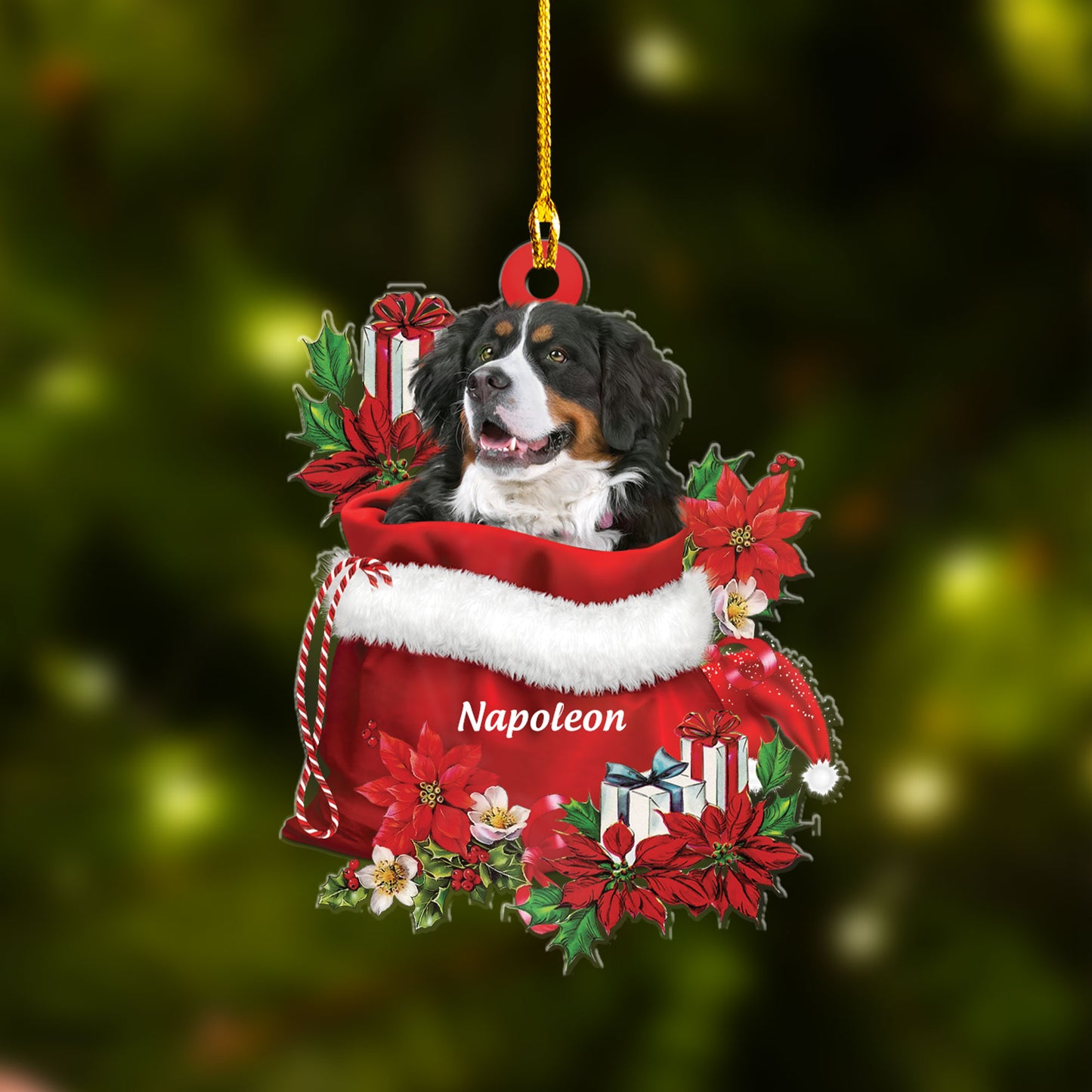 Custom Name Bernese Mountain In Red Gift Bag Christmas Car Ornament, Customized Christmas Gift For Dog Lovers, Dog Mom