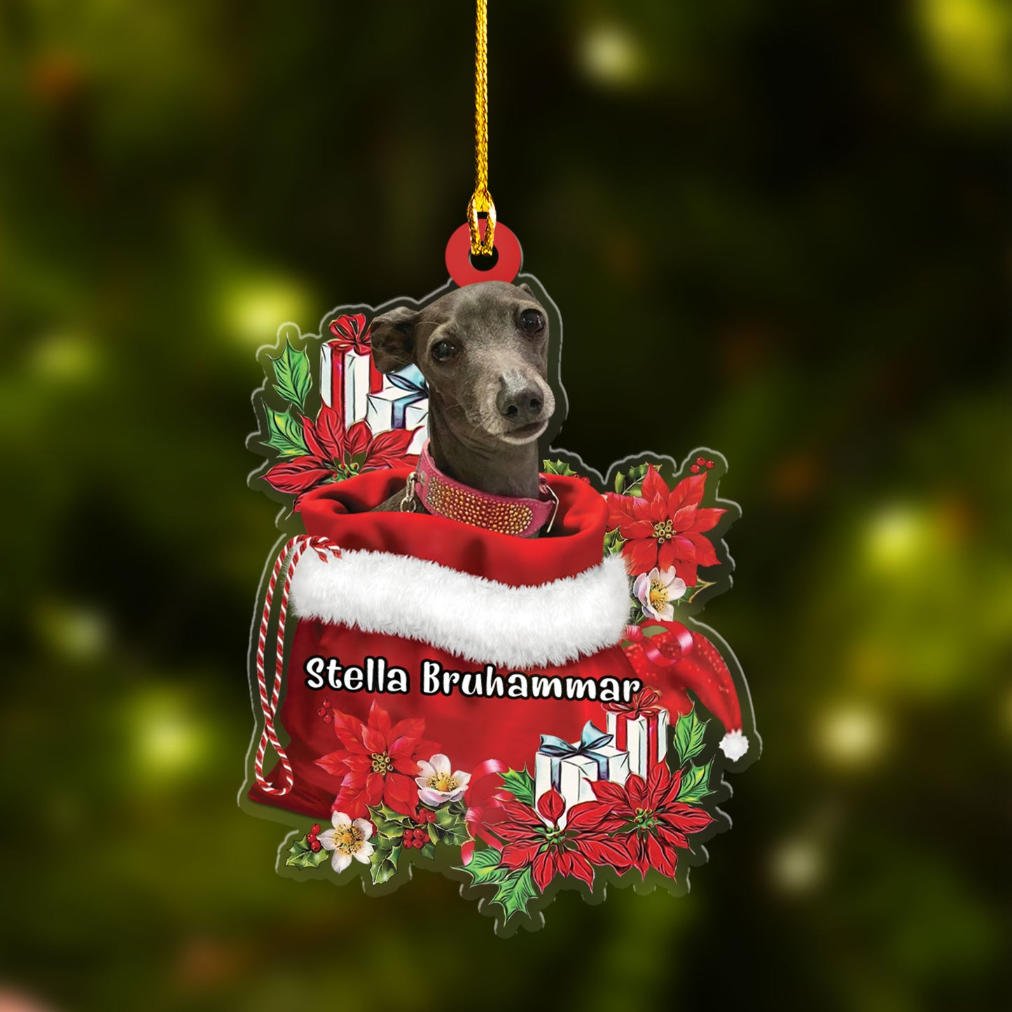 Personalized Italian Greyhound In Red Gift Bag Christmas Car Ornament, Custom Name Christmas Gift For Dog Lovers, Dog Mom