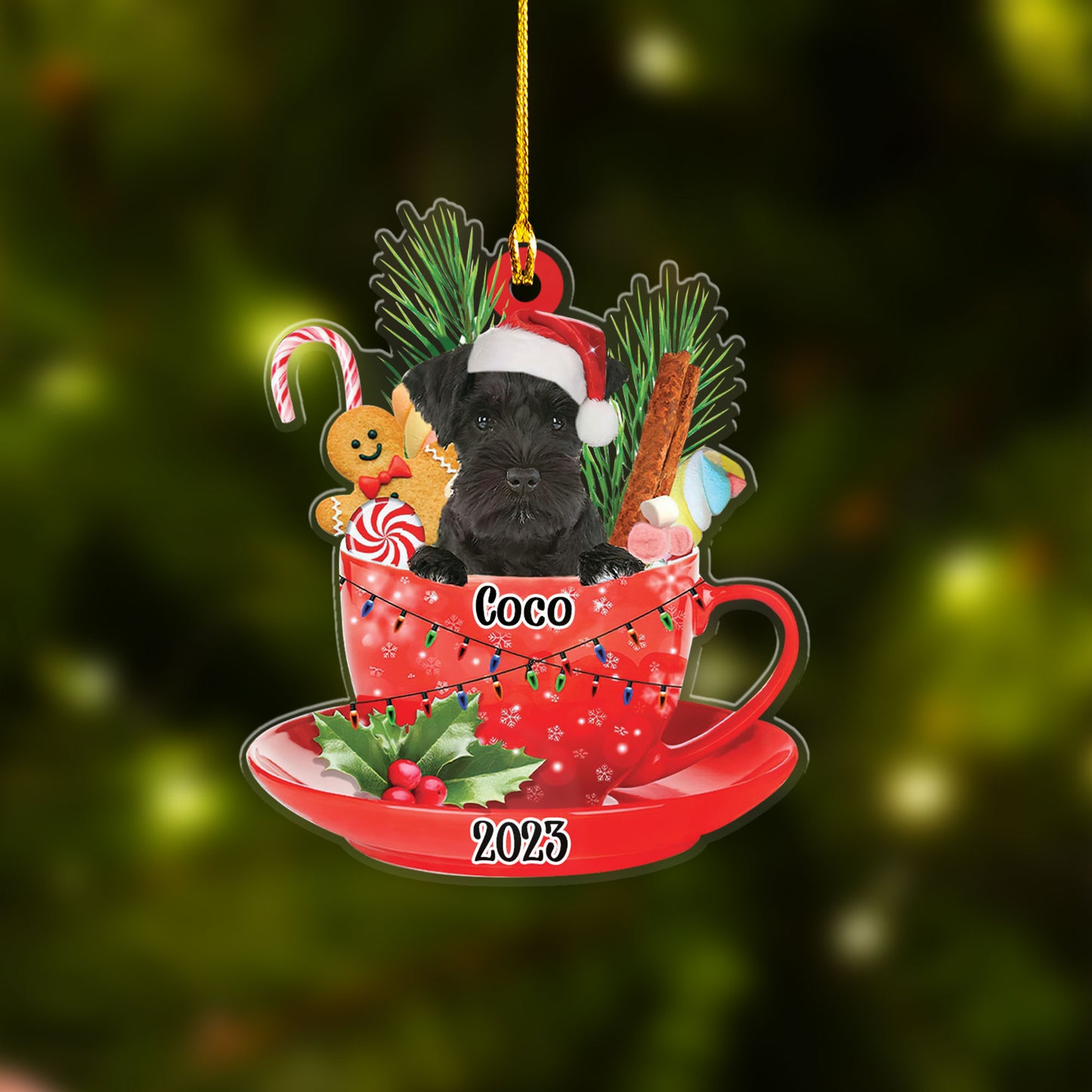 Custom Dog Acrylic Christmas Keychain, Personalized Black Miniature Schnauzer & Santa Hat In Red Cup Acrylic Keychain for Dog Lover, Christmas, New Year