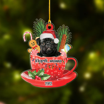 Custom Dog Christmas Car Ornament, Personalized Black Pug In Cup Merry Car Ornament For Dog Lovers, Dog Christmas Gift