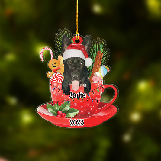 Custom Dog Acrylic Christmas Ornament, Personalized Black German Shepherd In Red Cup Acrylic Ornament for Dog Lover, Christmas, New Year