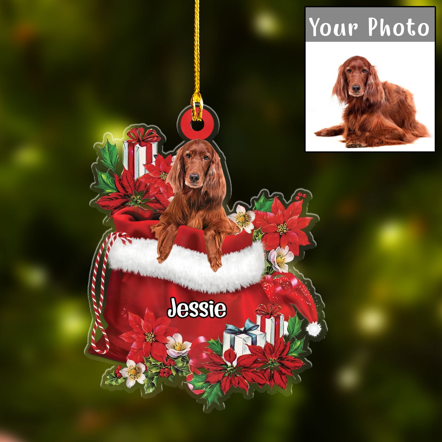 Custom Name Irish Setter In Red Gift Bag Acrylic Christmas Ornament, Customized Christmas Gift For Dog Lovers, Dog Mom