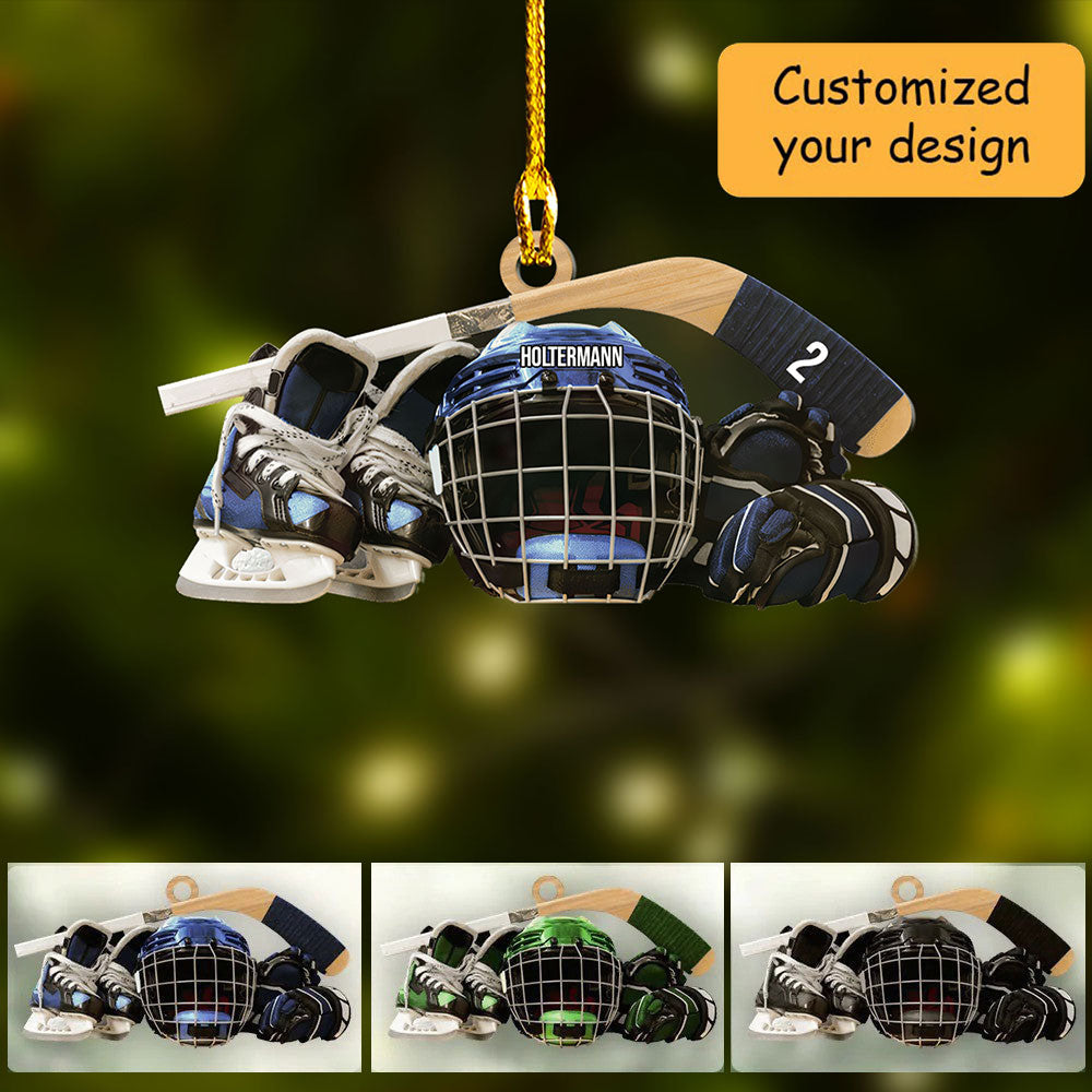 Personalized Hockey Skates Helmet And Stick Christmas Ornament, Acrylic Ornament - Gift For Hockey Lover