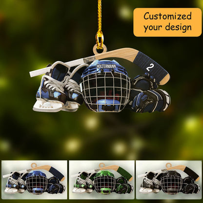 Personalized Hockey Skates Helmet And Stick Christmas Ornament, Acrylic Ornament - Gift For Hockey Lover