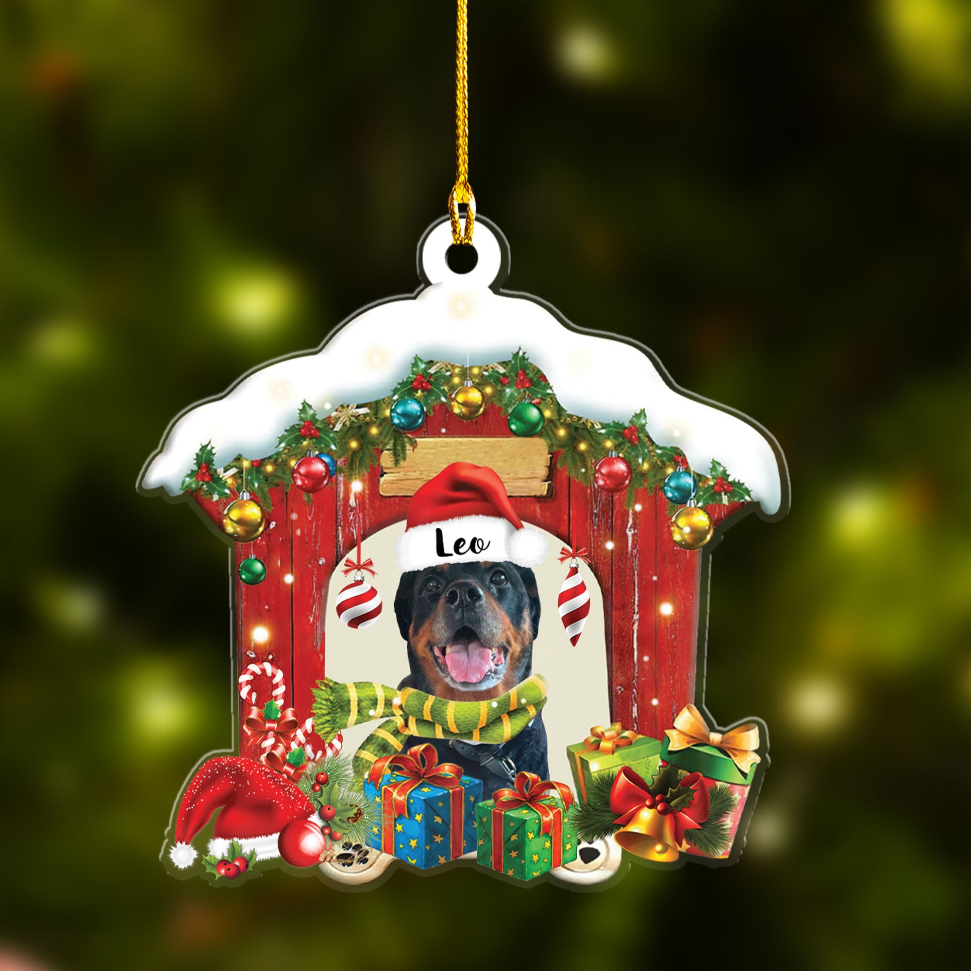 Customized Name Rottweiler In Red Wood House Acrylic Christmas Ornament Gift For Dog Lovers, Dog Mom