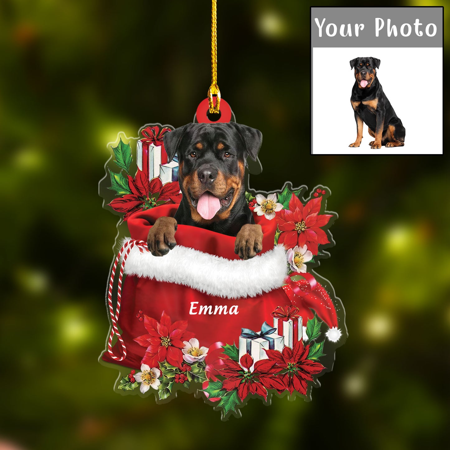 Personalized Name Rottweiler In Red Gift Bag Christmas Acrylic Keychain, Custom Christmas Gift For Dog Lovers, Dog Mom