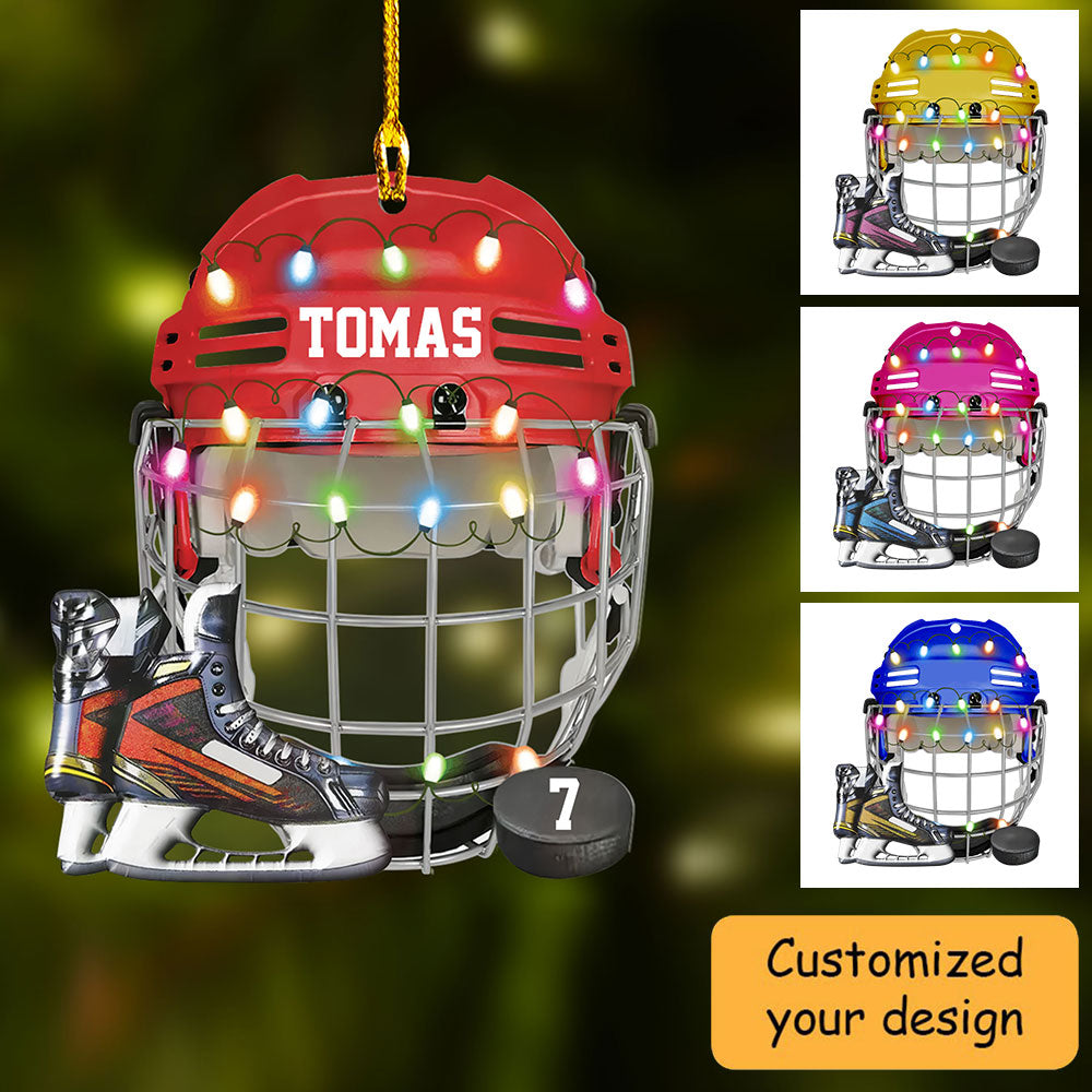 Customized Ice Hockey Helmet Shoes Acrylic Christmas Ornament, Hockey Team Acrylic Ornament Hanging Tree - Gift For Hockey Lovers, Hockey Players