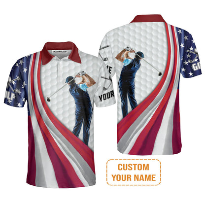 4th of July Golf Men Polo Shirt - Custom Name White Golf American Flag 4th of July Men's Long Sleeve Polo Shirt