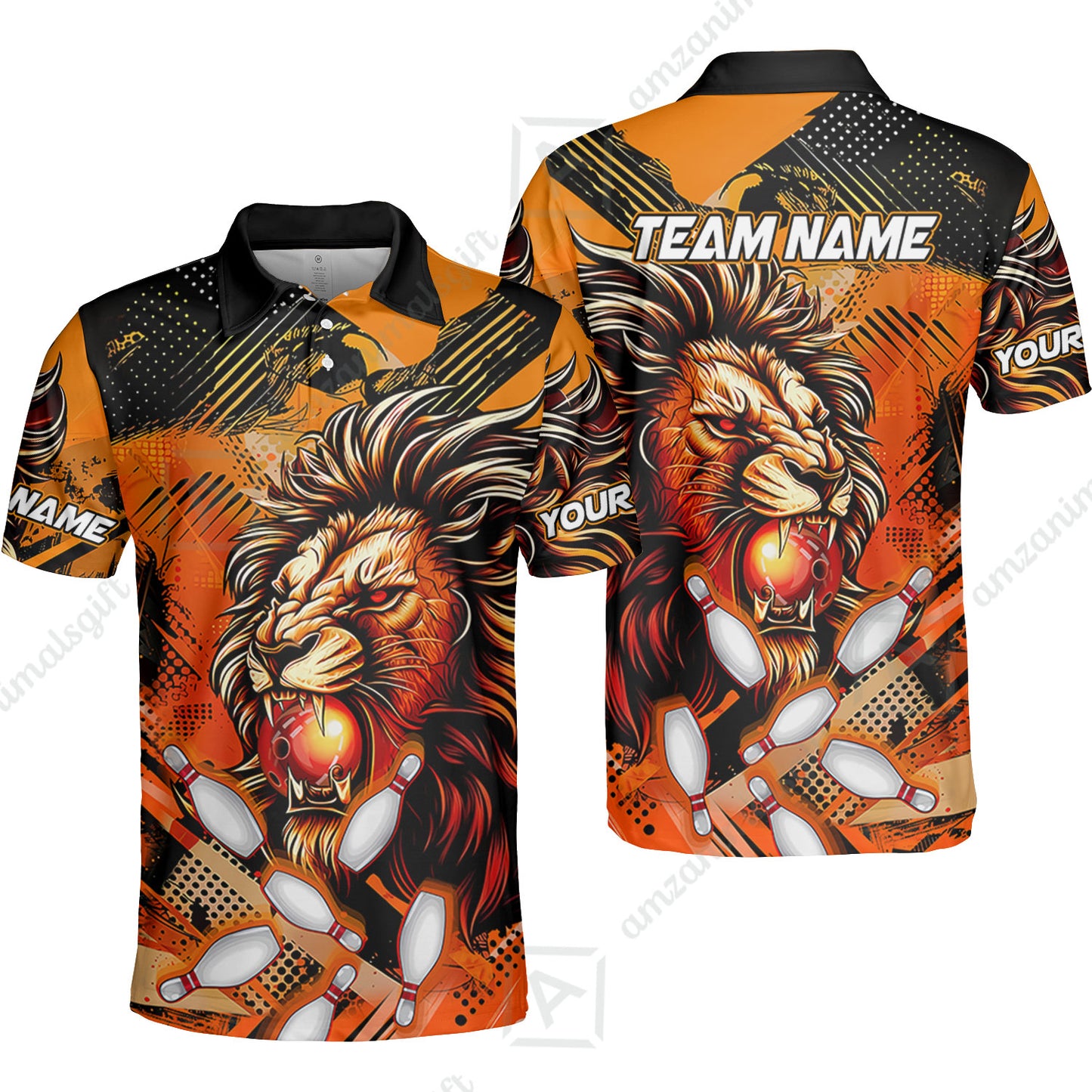 Custom Bowling Team Jerseys Shirts, Bowling uniforms Ball & Pins Lion Pattern Personalized Name And Team Name