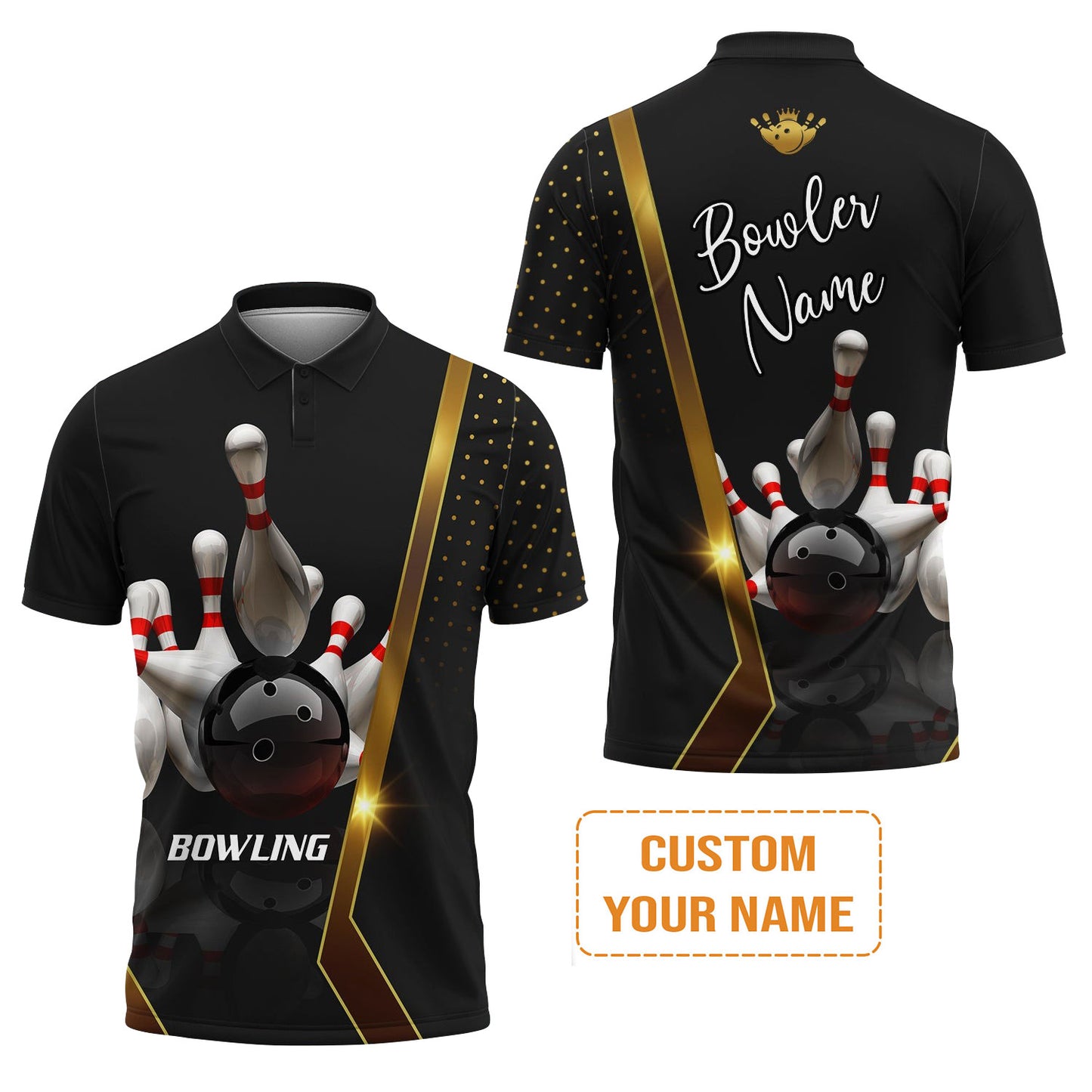 Customized Bowling Men's Long Sleeve Polo Shirt, Black And Golden Pattern Personalized Bowling Long Sleeve Polo Shirt