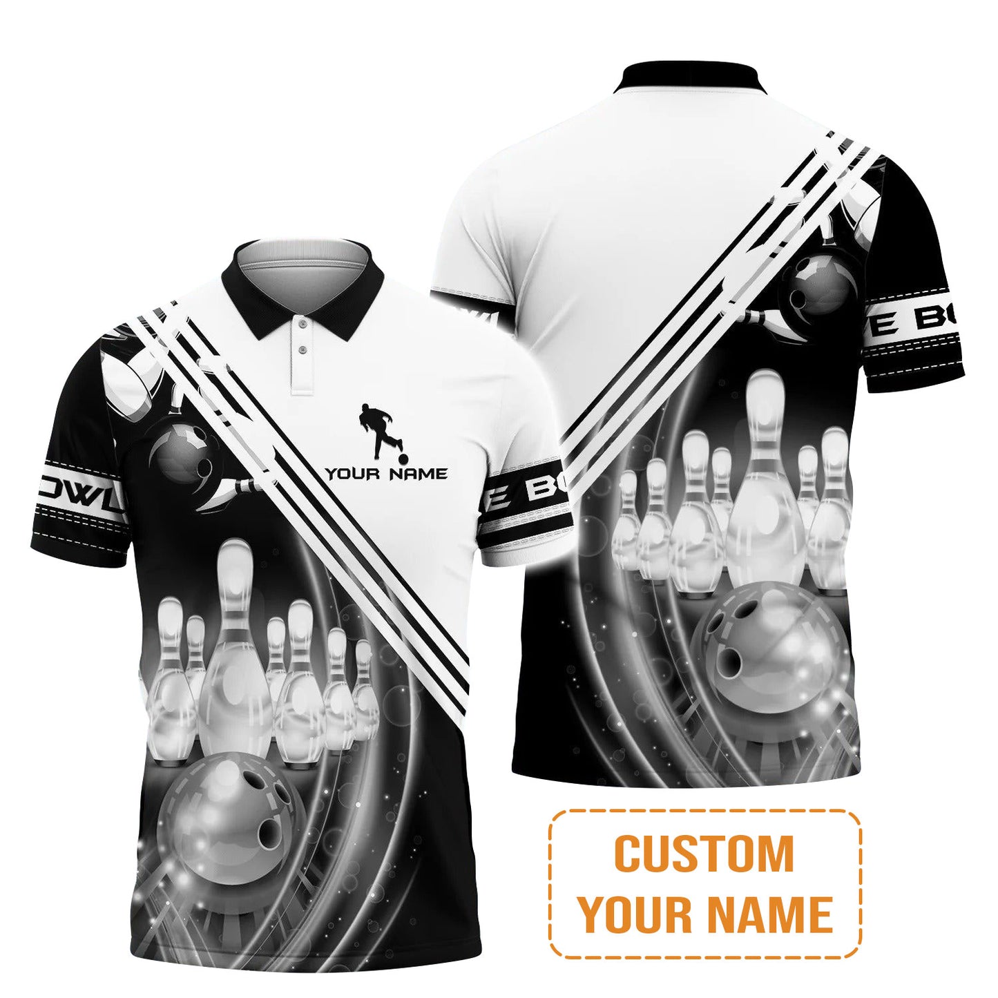 Bowling Custom Men Polo Shirt - Custom Name Black And White Bowling Ball In Motion And The Pins Personalized Bowling Polo Shirt - Perfect Gift For Friend, Family