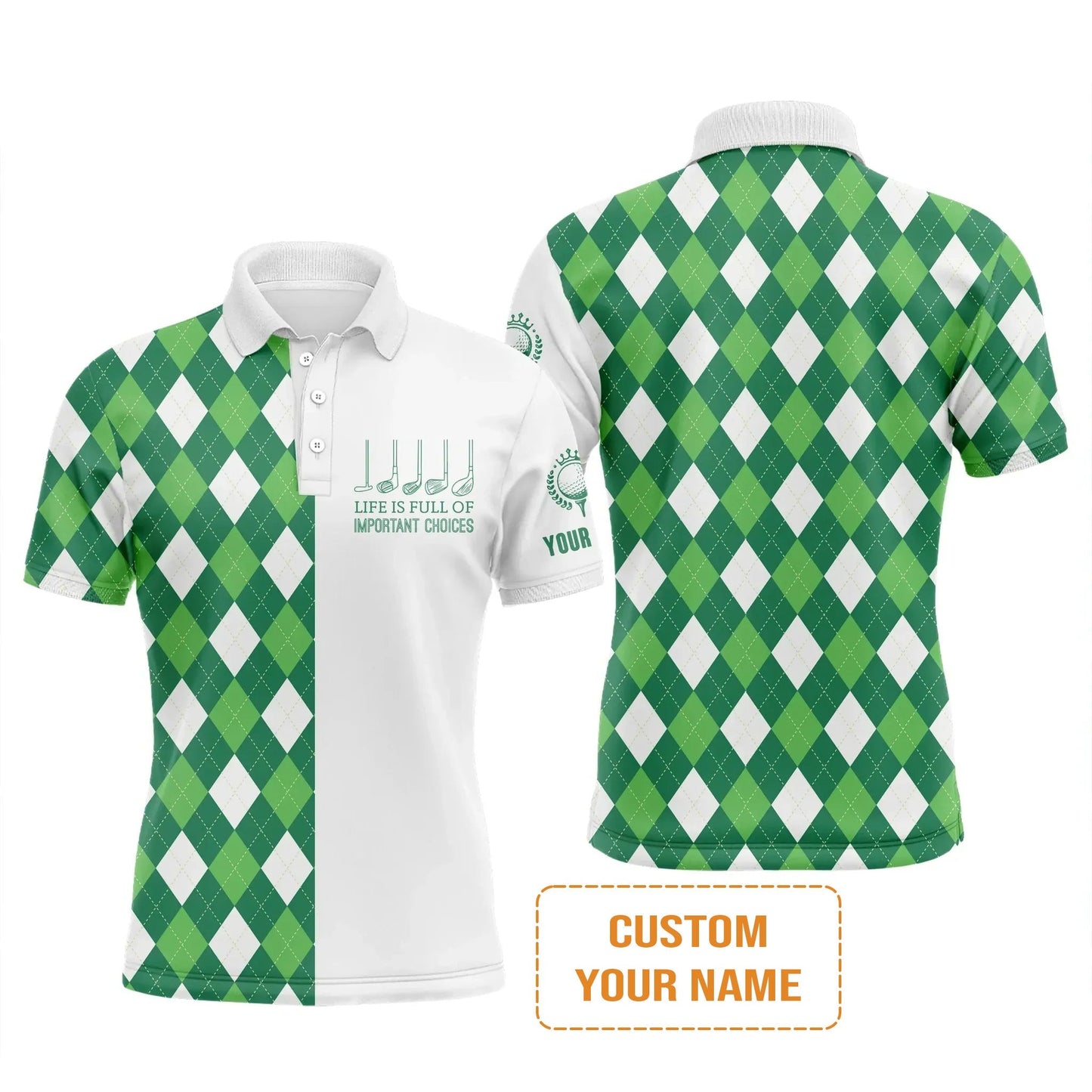 Golf Long Sleeve Shirt -Custom Name Green Argyle Plaid Apparel - Life Is Full Of Important Choices - Personalized Gift For Golf Lover, Men, Husband, Team