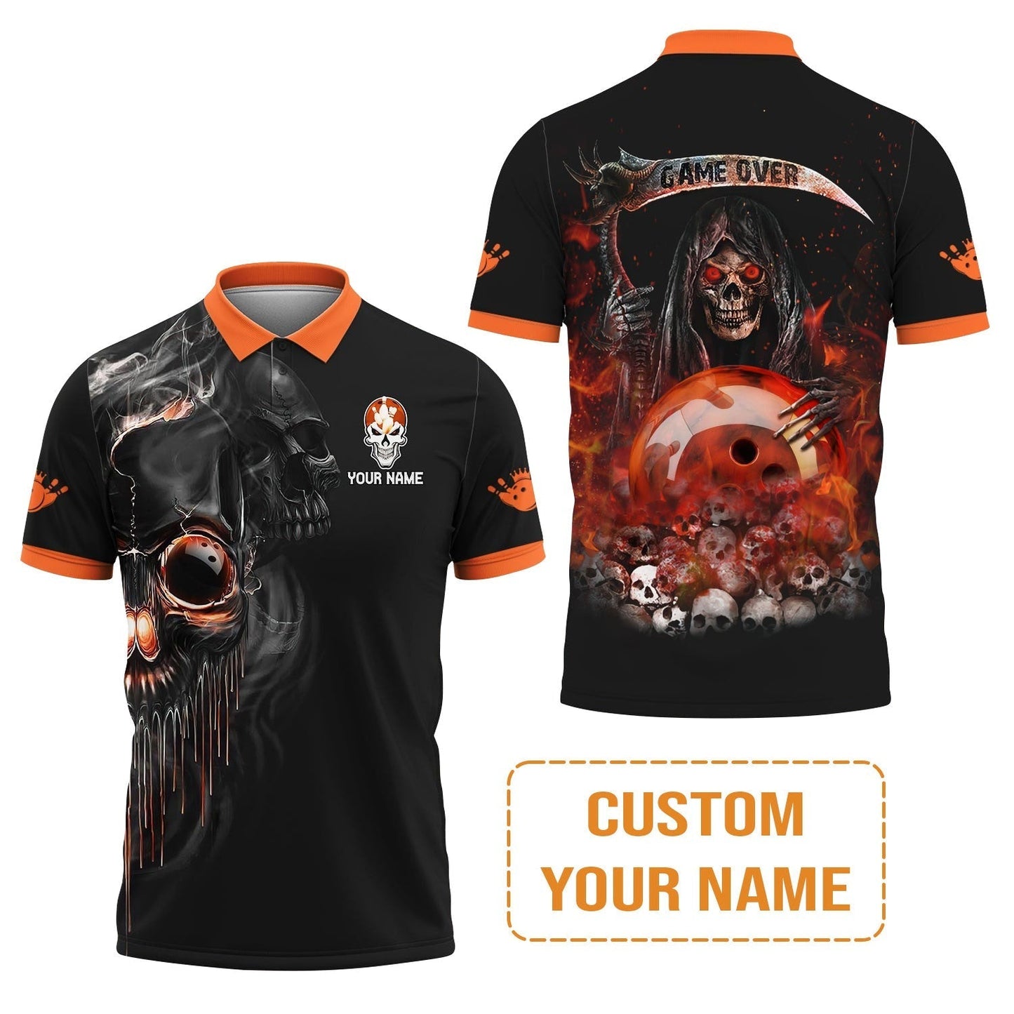 Customized Name Bowling Hoodie, Orange Grim Reaper Personalized Bowling Hoodie