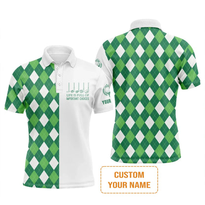 Golf Hoodie-Custom Name Green Argyle Plaid Apparel - Life Is Full Of Important Choices - Personalized Gift For Golf Lover, Men, Husband, Team
