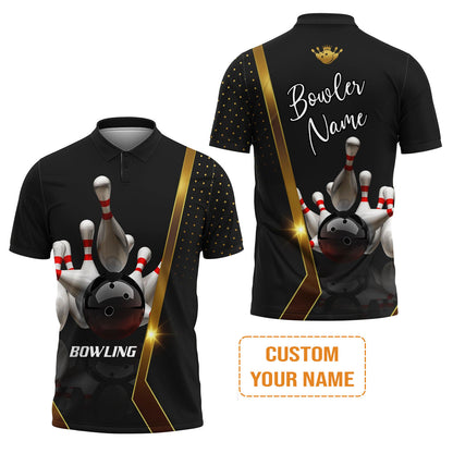 Customized Bowling Polo Shirt, Black And Golden Pattern Personalized Bowling Polo Shirt For Men - Gift For Bowlers, Bowling Lovers