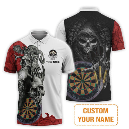 Darts Custom Name Men's Long Sleeve Polo Shirt, Dartboard Skull Personalized Long Sleeve Polo Shirt