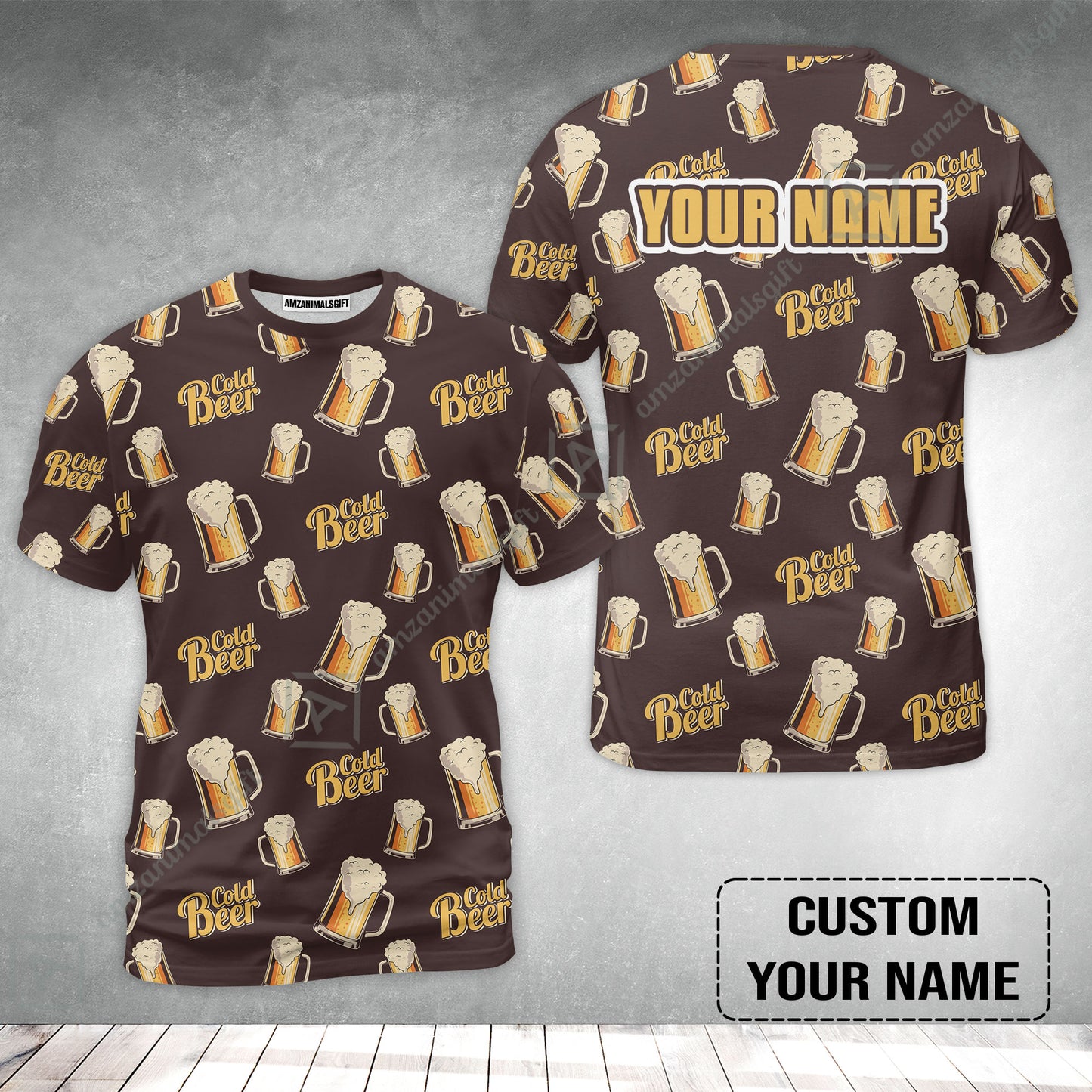 Custom Brown Cold Beer Pattern Design Oktoberfest Beer Festival Performance T-Shirt
