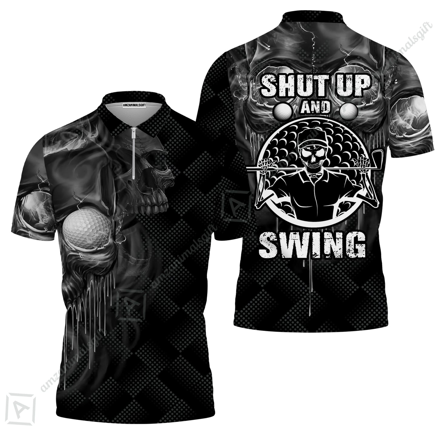 Men Golf Polo Shirt - Scary Skull Golf Men Polo Shirt, Golf Shut Up Shirt Design For Men, Best Halloween Golf