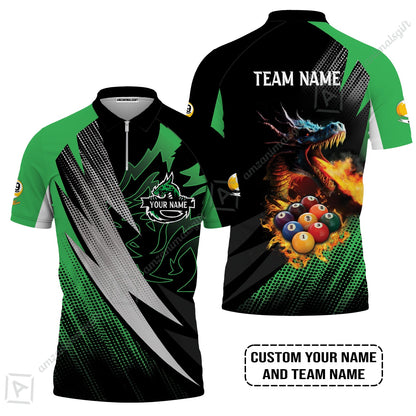 Custom Billiards Long Polo Shirt, Custom Name And Team Name Billiards Pool 9 Ball Dragon Green Pattern Long Polo Shirt