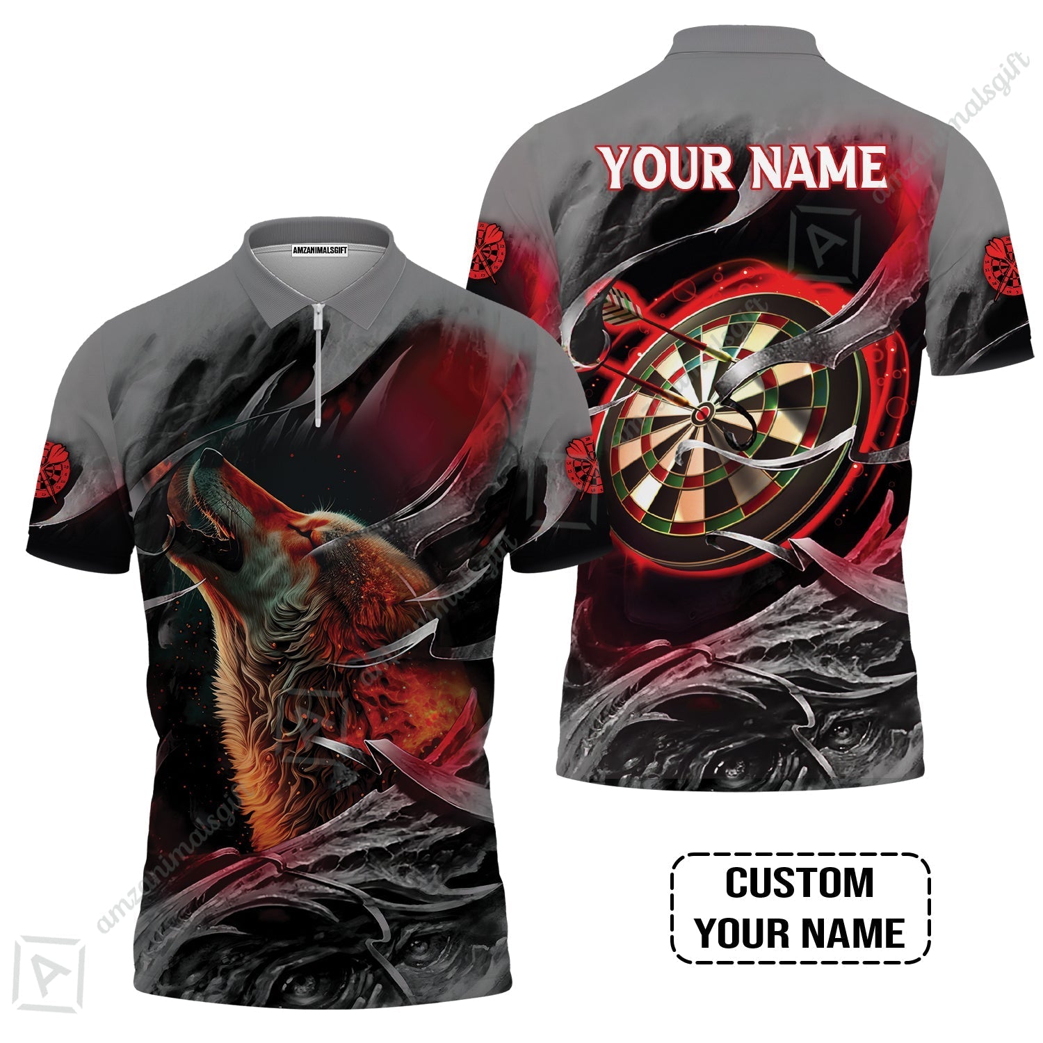 Customized Name Darts Zip Polo Shirt, Bullseye Dartboard Personalized Flame Wolf And Darts Zip Polo Shirt