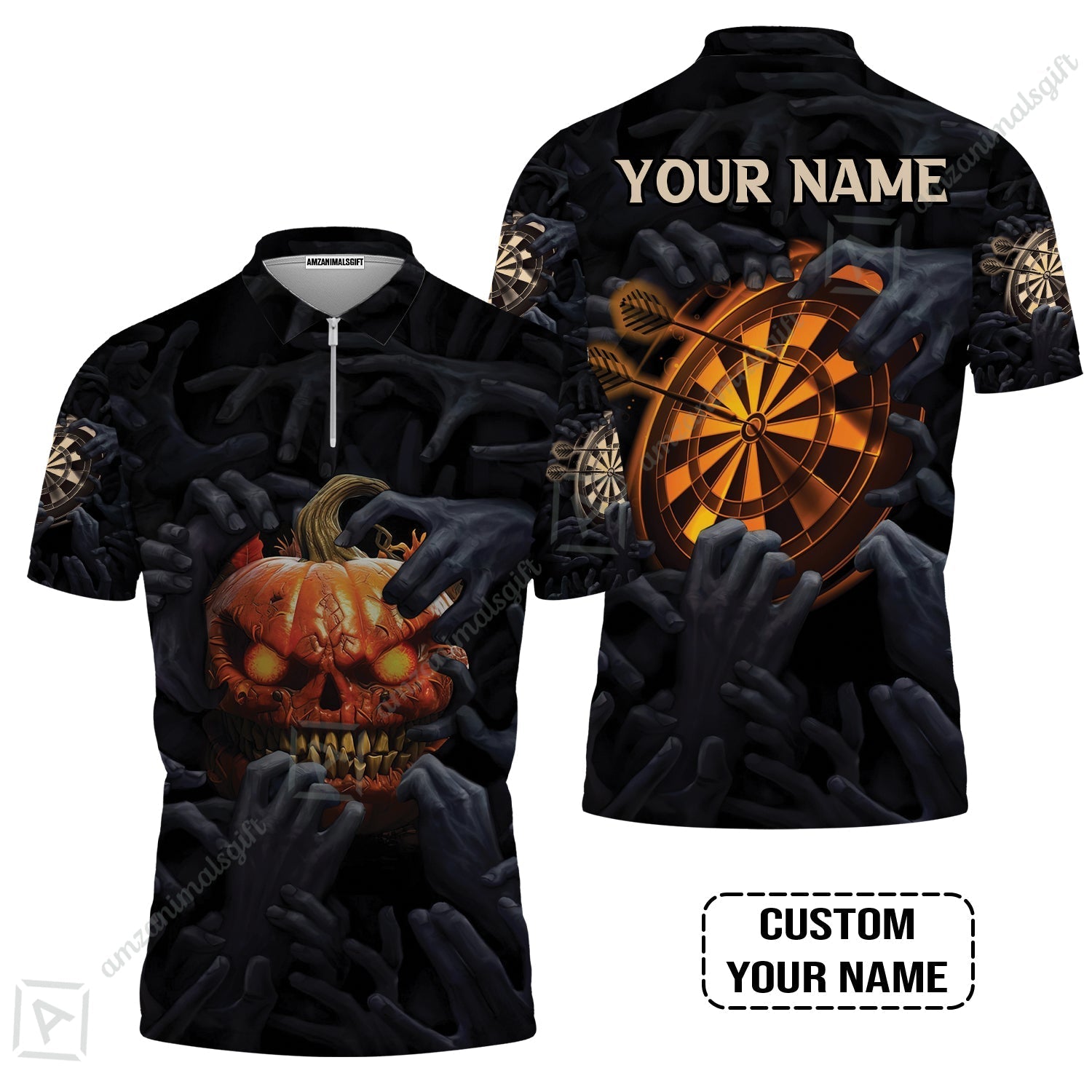 Customized Name Darts Zip Polo Shirt, Bullseye Dartboard Personalized Pumpkin And Darts Zip Polo Shirt