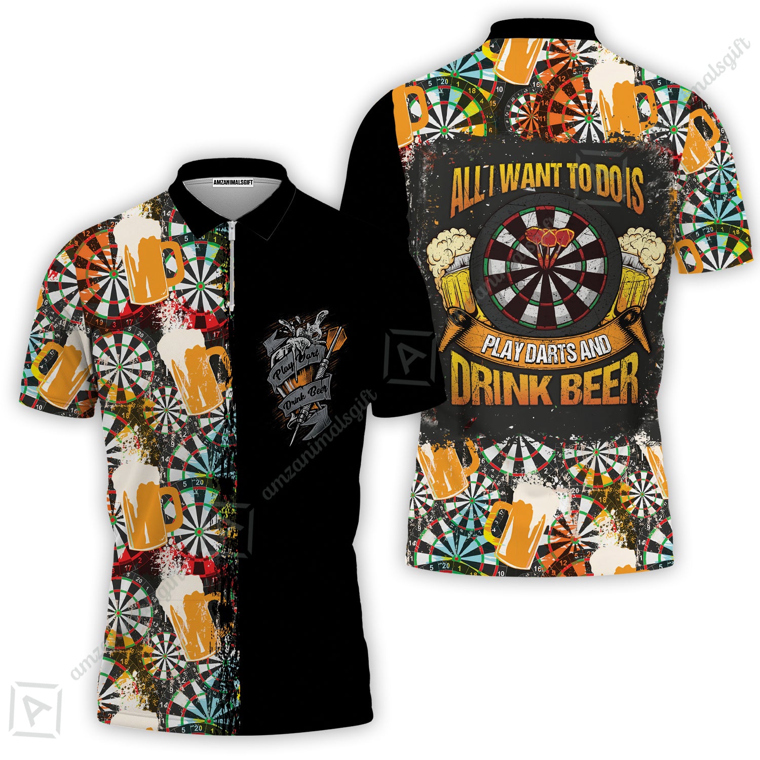 Darts Zip Polo Shirt, Play Darts And Drink Beer, Colorful Summer Zip Polo Shirt