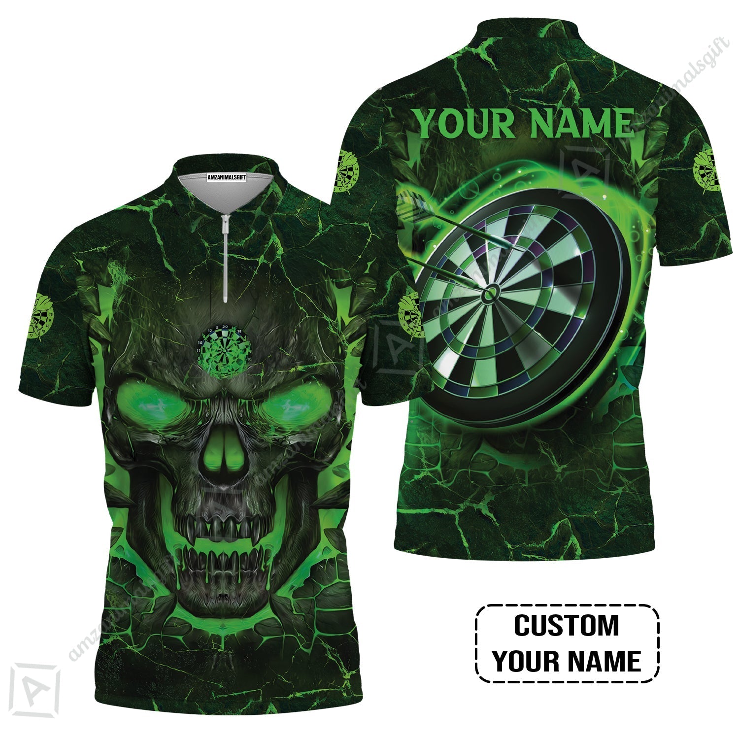 Customized Darts Zip Polo Shirt, Flame Green Skull Dartboard Personalized Skull And Darts Zip Polo Shirt