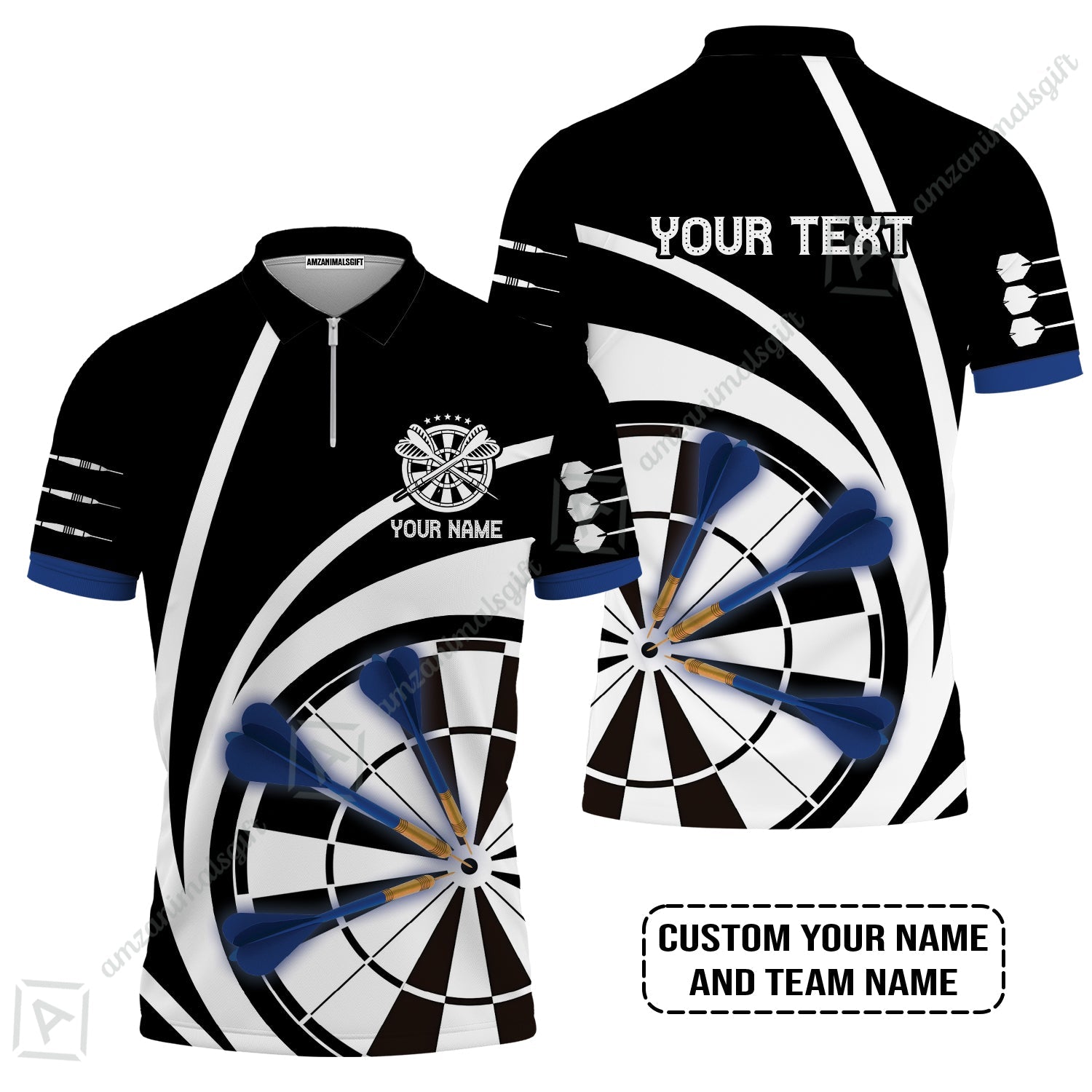 Customized Name & Text Darts Zip Polo Shirt, Personalized Name Blue Dark Darts Team Zip Polo Shirt