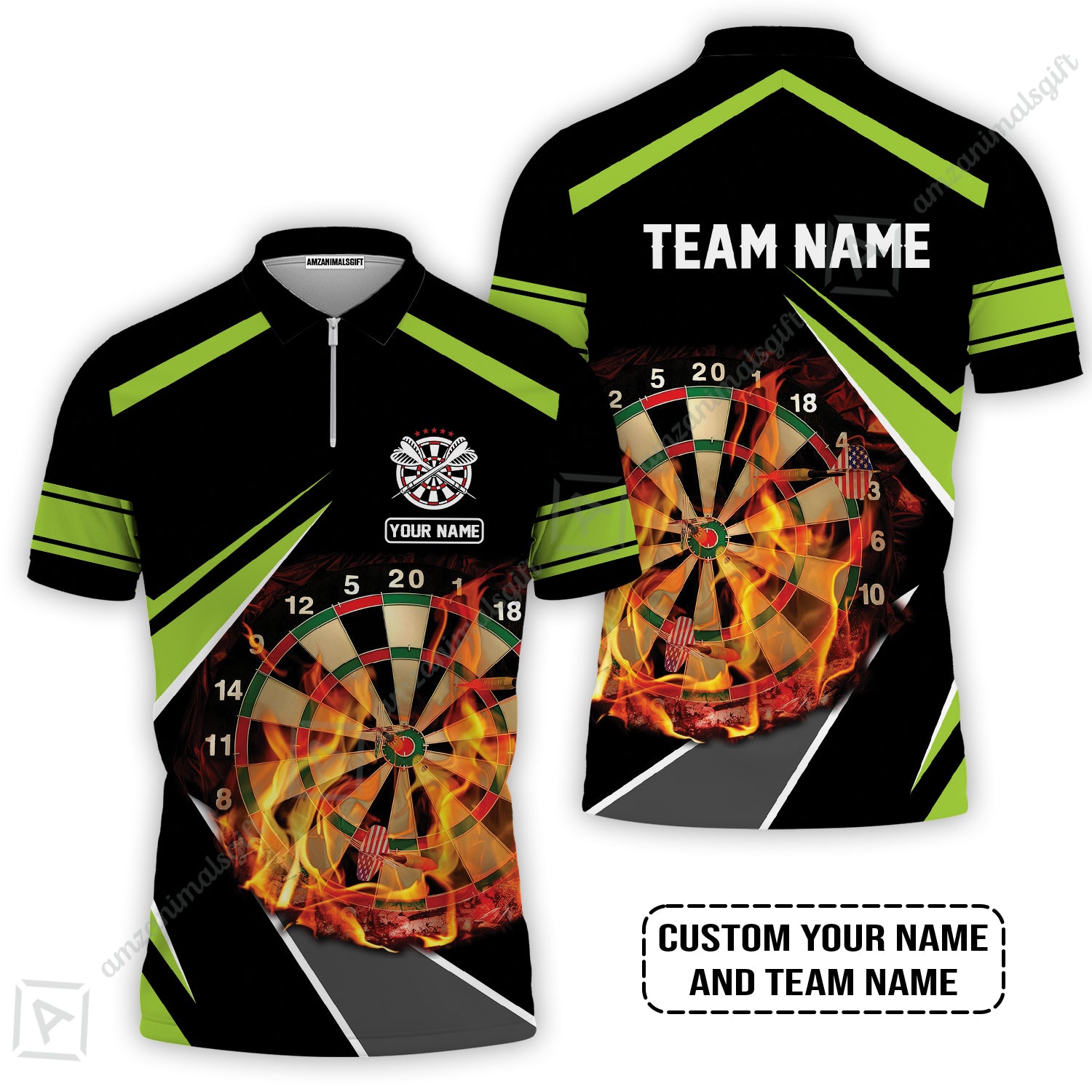 Customized Name & Team Name Darts Zip Polo Shirt, Dartboard Flame Personalized Darts Zip Polo Shirt