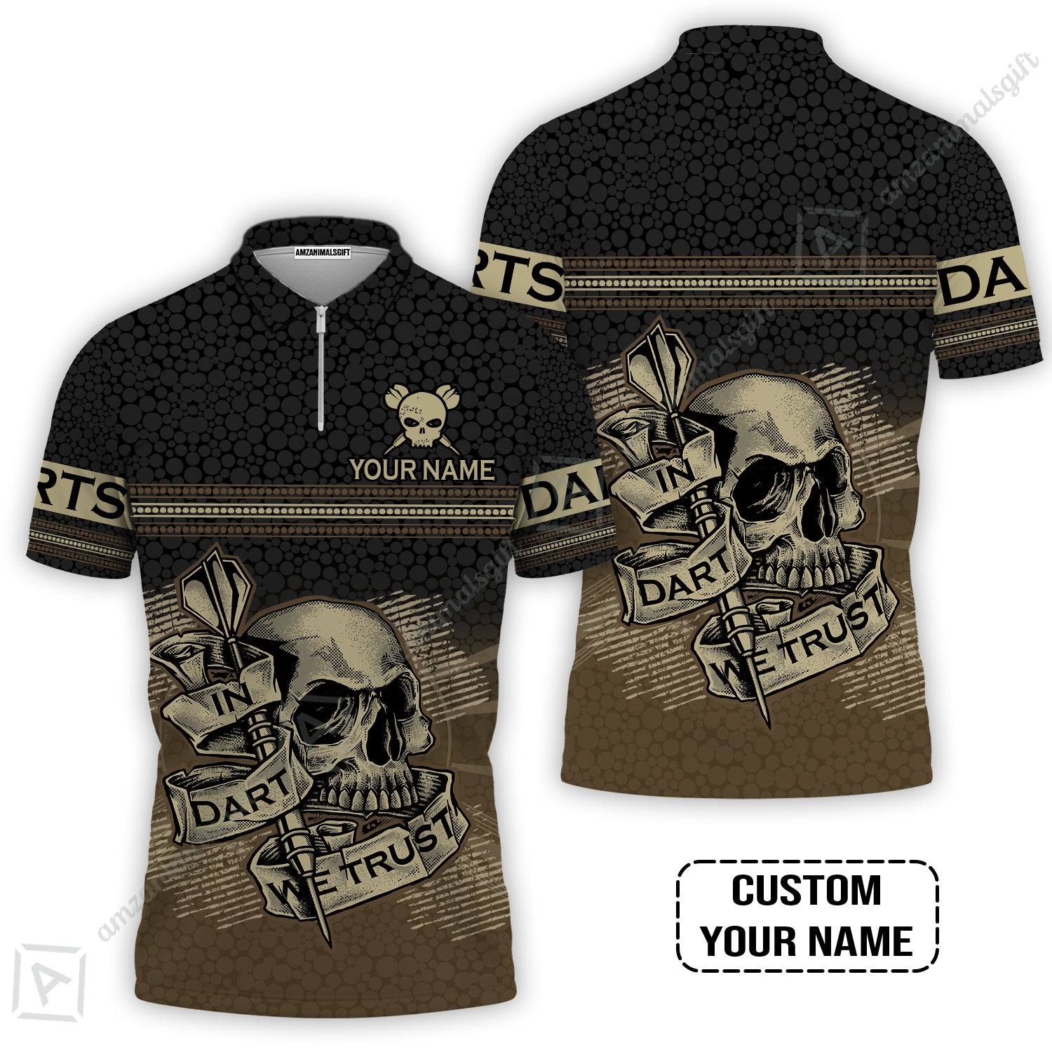 Customized Darts Zip Polo Shirt, Personalized Skull In Darts We Trust Darts Zip Polo Shirt