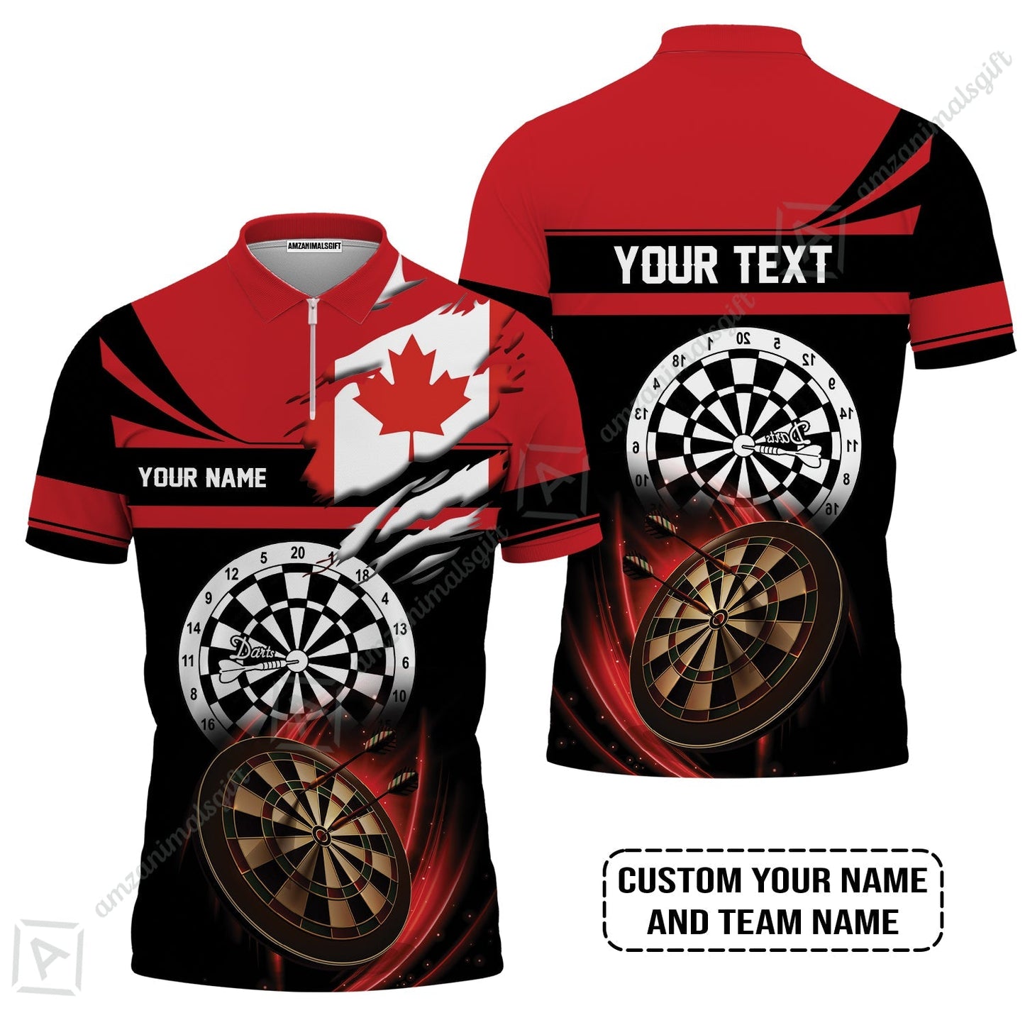 Customized Name & Text Darts Men Polo Shirt, Canada Flag Personalized Name Darts Zip Polo Shirt