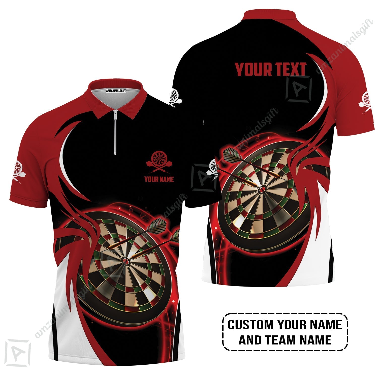 Customized Name & Text Darts Zip Polo Shirt, Personalized Red Darts Uniforms Zip Polo Shirt