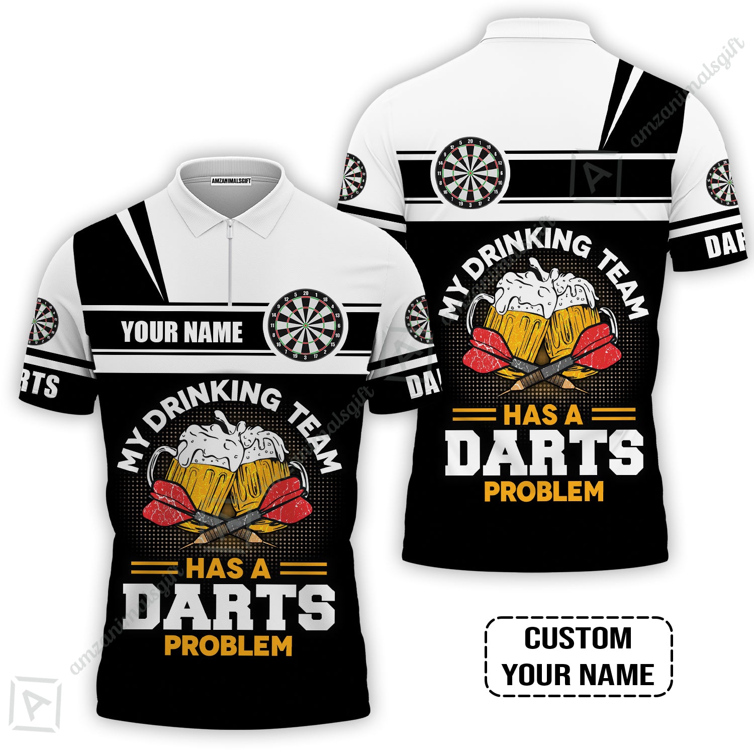 Customized Darts Zip Polo Shirt, Personalized My Drinking Team Beer Darts Zip Polo Shirt