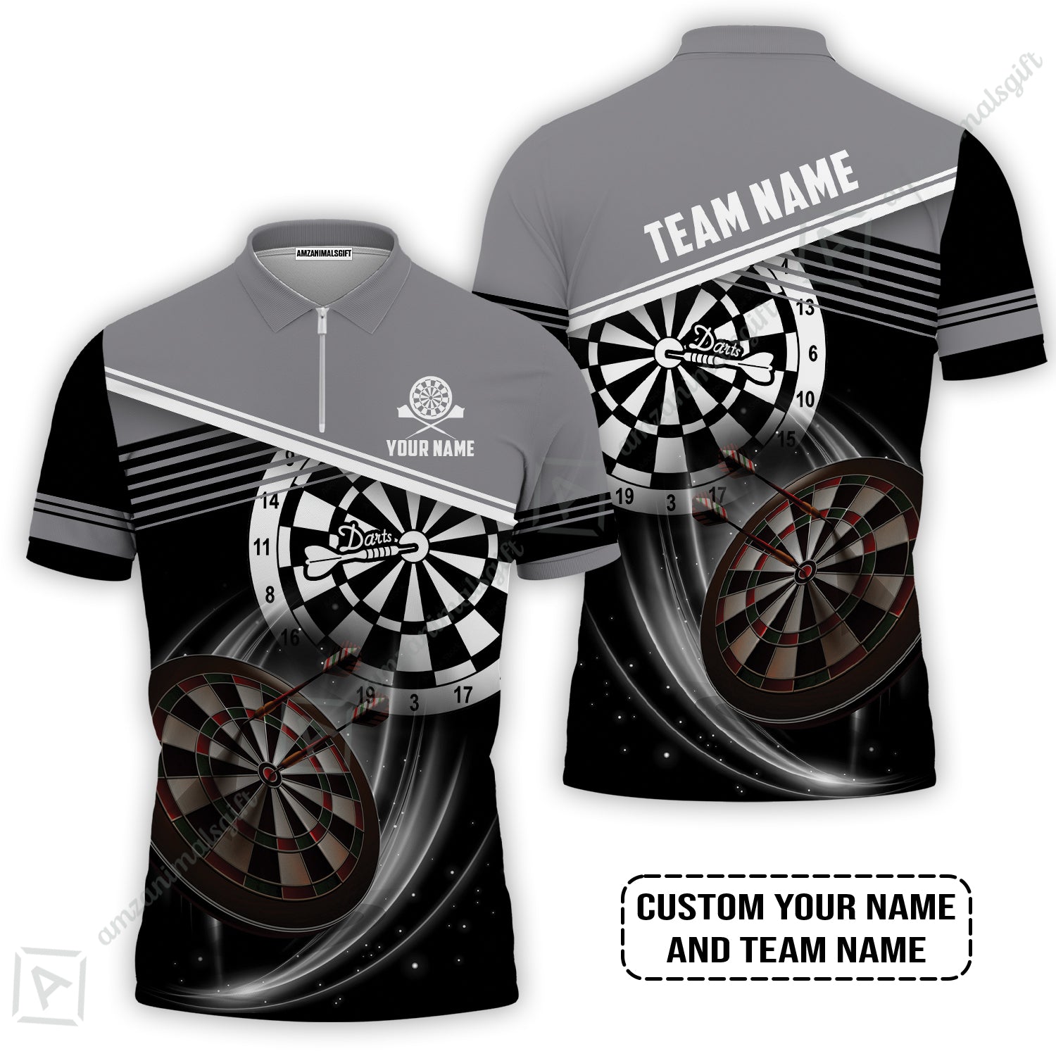 Customized Name & Team Name Darts Zip Polo Shirt, Personalized Name Color Darts Zip Polo Shirt - Perfect Gift For Darts Lovers