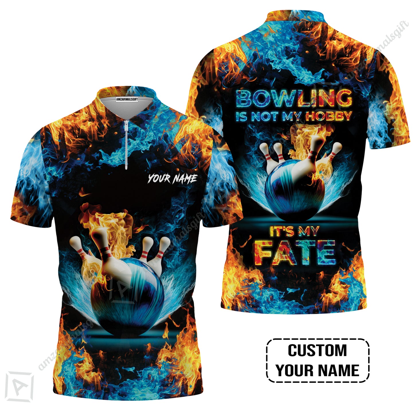 Bowling Custom Long Polo Shirt - Custom Name Blue Bowling Ball And Pins On Fire Personalized Bowling Long Polo Shirt