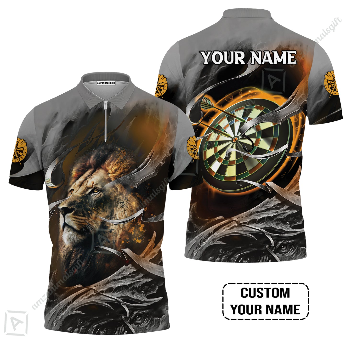 Customized Name Darts Men Polo Shirt, Bullseye Dartboard Personalized Lion And Darts Polo Shirt